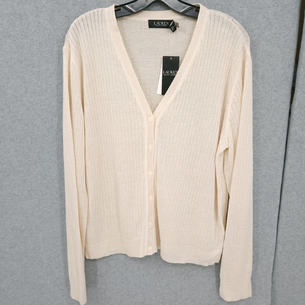 Ralph Lauren Ribbed V Neck Winter Cream Button Cardigan Womens Size XXL NWT